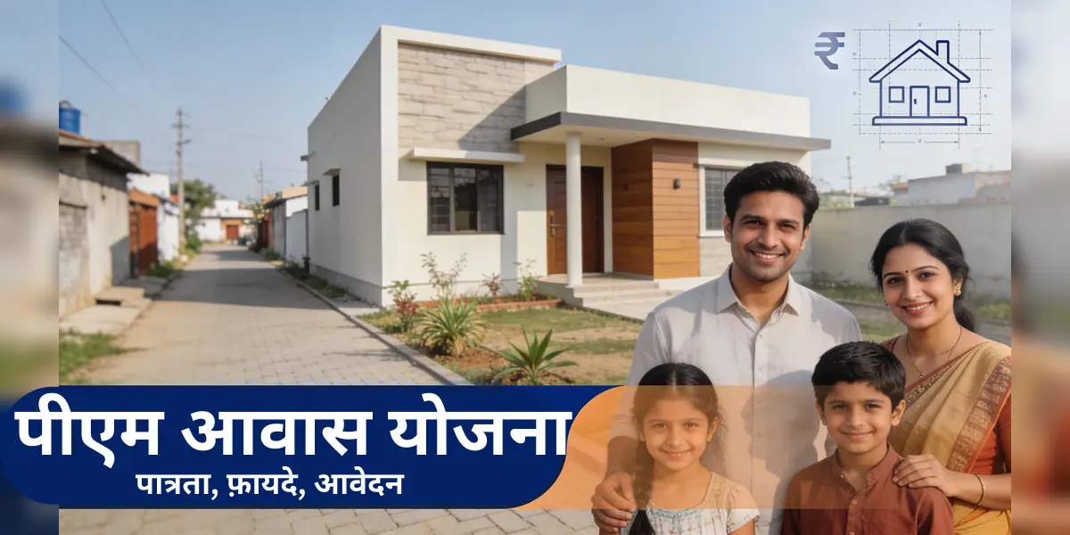 Indian family standing in front of a newly built house under PM Awas Yojana government housing scheme